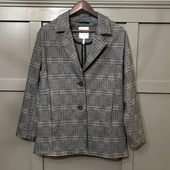 Avec Les Filles Plaid Relaxed Fit Longline Blazer Jacket Gray Tan Size Medium - Picture 4 of 11